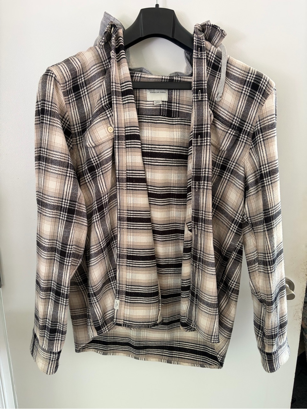 American Eagle Outfitters Plaid Hooded Jean Jacket in Cream and Black